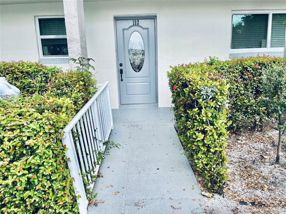 Front view of a house entrance with a decorative door and surrounded by trimmed hedges.