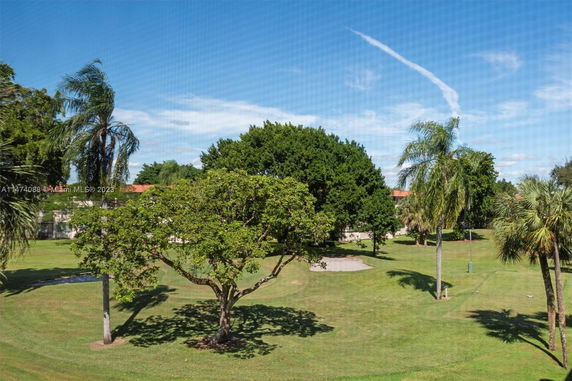 View of a grassy landscape with trees and a clear blue sky.