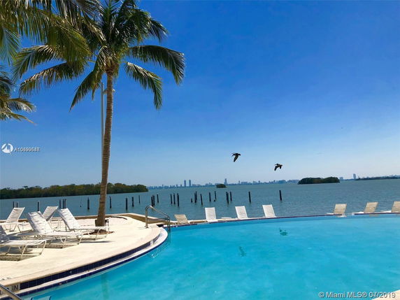 View of a poolside area with sun loungers, palm trees, and a distant cityscape across a body of water.