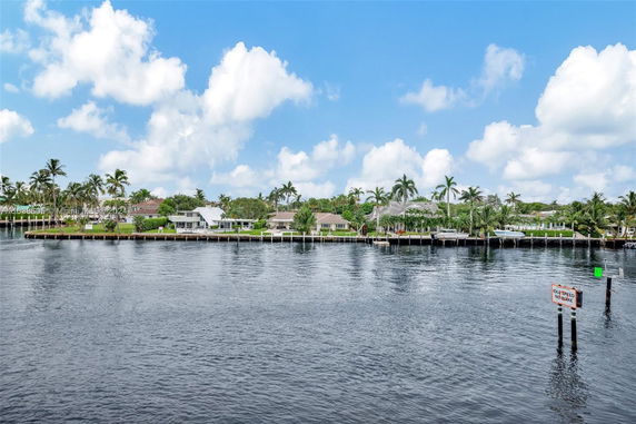 View of waterfront houses with palm trees along a canal.