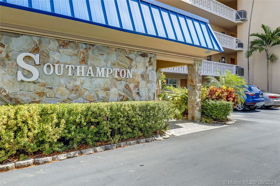 Front view of a building with stone facade and blue roof overhang labeled 'Southampton'.