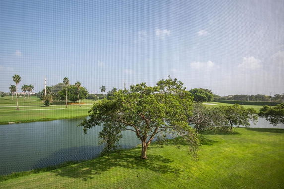 View of a landscaped area with a pond and trees, seen through a window screen.