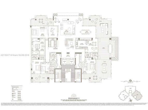 Floor plan layout of a penthouse, including multiple rooms and amenities.