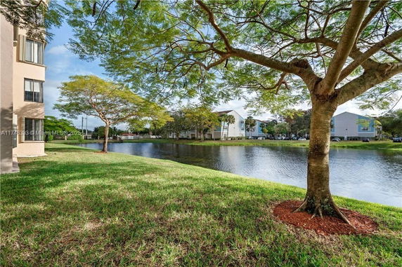 View from a grassy area near a water body with buildings in the background.