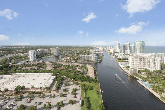 Panoramic view of a cityscape with waterways and high-rise buildings.