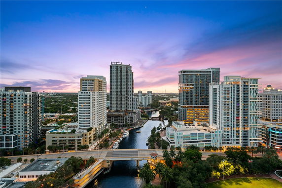 Panoramic view of city skyline with multiple high-rise buildings and a waterway at sunset.