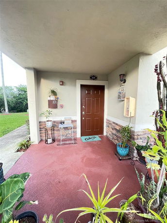 Entrance view of a residential unit with a brown door and potted plants.