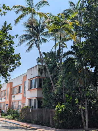 Front view of a two-story building with palm trees in front.