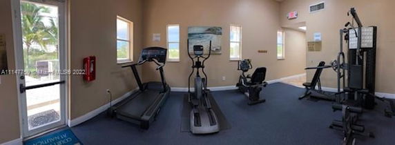 Indoor fitness area with gym equipment including a treadmill, elliptical, and weight machines.