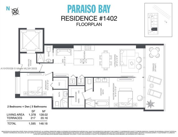 Floor plan of a residence featuring 2 bedrooms, a den, and 3 bathrooms with a living area and terrace.