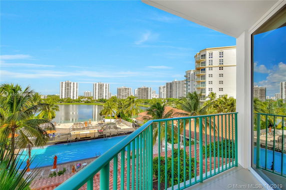 Panoramic view from a balcony overlooking a swimming pool and high-rise buildings in the distance.