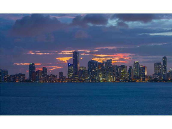 Skyline view of a city with numerous tall buildings at dusk.