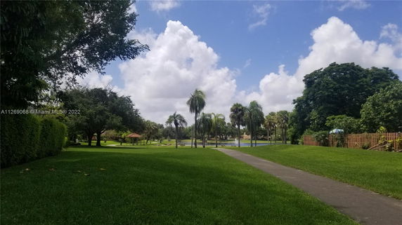 View of a grassy area with palm trees and a small gazebo in the distance.