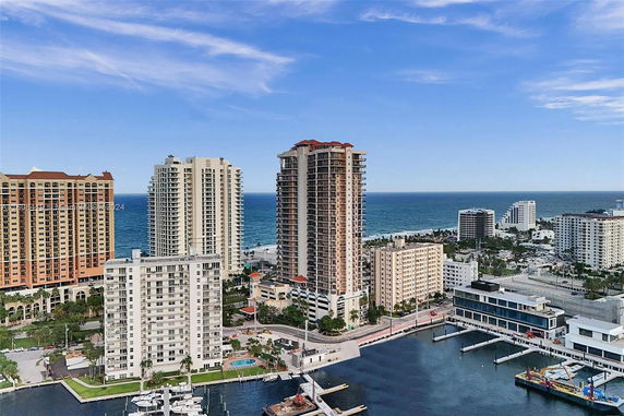 Panoramic view of high-rise buildings near the coastline.