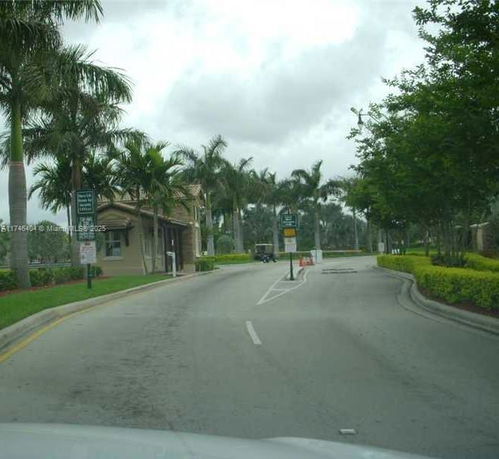 Entrance road with palm trees and signage.