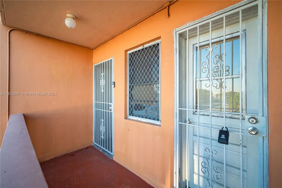 Front view of an apartment entrance with metal security doors and window.
