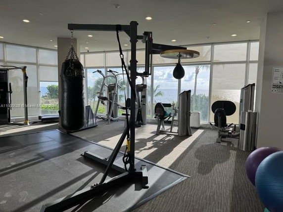 Indoor gym area with exercise equipment and a punching bag.