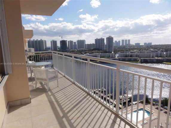 Panoramic view from a balcony overlooking water and cityscape.