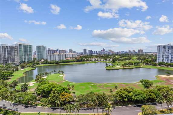 Panoramic view of a cityscape with tall buildings surrounding a large body of water and green areas.