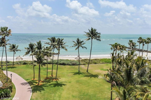 View of a beach and ocean with palm trees and a grassy area.