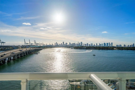 Panoramic view of a city skyline across a body of water with a bridge and sunlight reflection on the water.