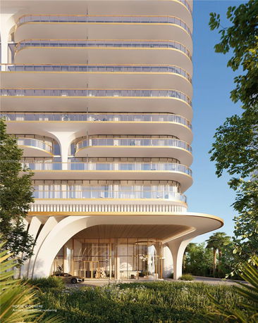 Front view of a modern multi-story building with curved balconies and large glass windows.