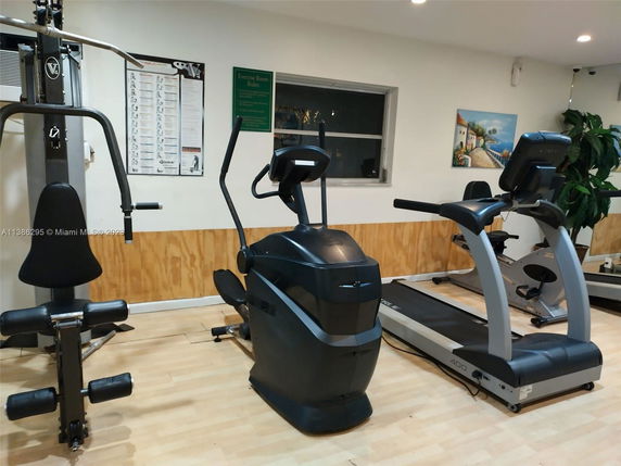 Indoor gym area with exercise equipment including a treadmill and weight machine.