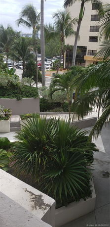 View of a building exterior with palm trees and a surrounding area with parked cars.