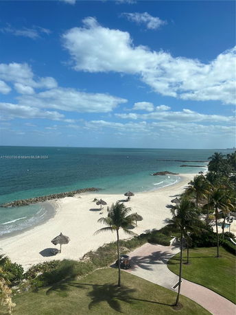 Aerial view of a beach with palm trees and straw umbrellas facing the ocean.