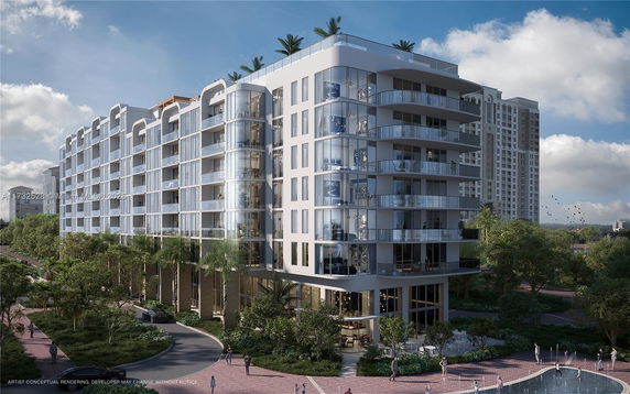 Front view of a modern multi-story apartment building with balconies and large windows.