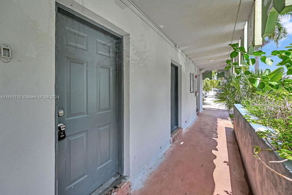 Corridor view of a building with doors leading to apartments and a concrete railing with plants.