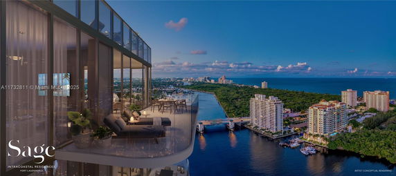 Panoramic view from a high-rise building showing a furnished balcony with seating and dining area, overlooking a cityscape with water, greenery, and other buildings.