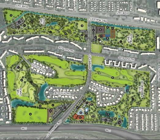 Site plan of a residential area with golf courses and community facilities.