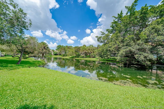 View of a lake surrounded by grass and trees under a blue sky with clouds.