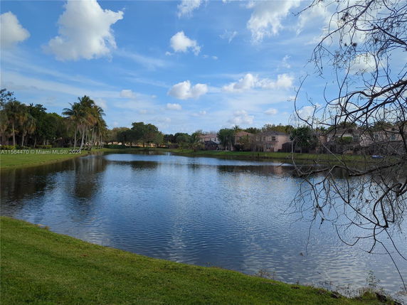 View of a residential area with houses near a pond and palm trees.