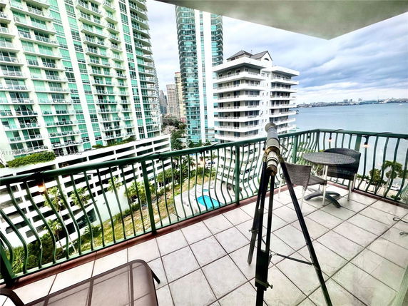 Balcony view with telescope overlooking high-rise buildings and body of water.