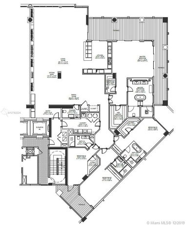 Architectural floor plan layout showing various rooms including living areas, kitchen, and bathrooms.