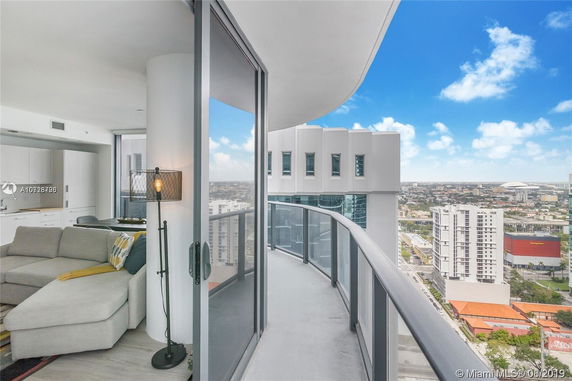 Panoramic view from a modern high-rise apartment balcony overlooking the cityscape.
