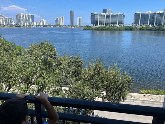 Panoramic view of buildings across a body of water with trees in the foreground.