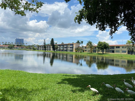 View of residential buildings near a large body of water with trees and open grassy area.
