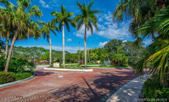 View of palm trees lining a circular driveway entrance with a clear blue sky.
