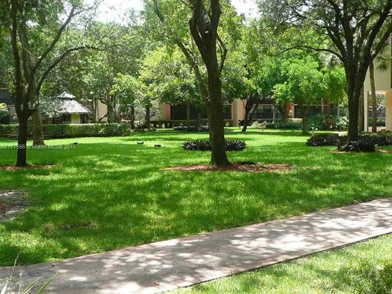 View of a lawn area with trees and a path, surrounded by buildings.