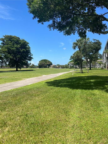 View of surrounding park area with trees and adjacent buildings.