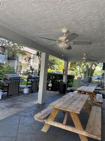 Covered outdoor area with picnic tables and grills.