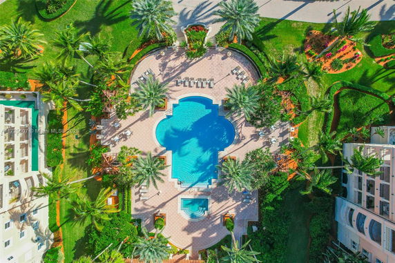 Top view of an outdoor swimming pool surrounded by palm trees and landscaped garden areas.