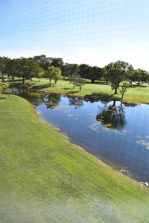 View of a grassy area with trees and a body of water.