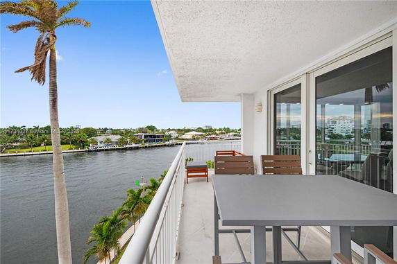 Balcony view overlooking a waterway and surrounding buildings.