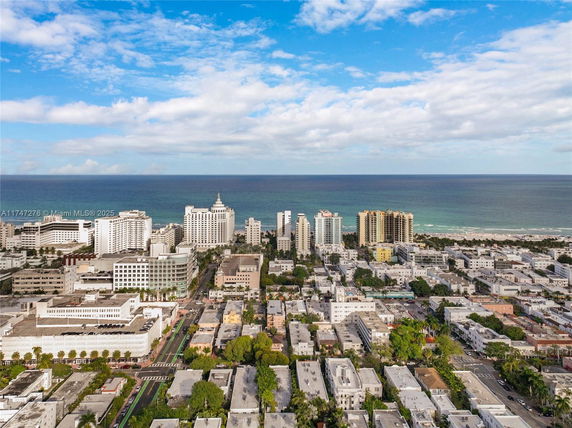 Panoramic view of a cityscape with high-rise buildings near the ocean.