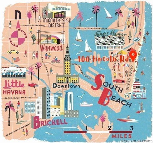 Illustrated map highlighting areas of Miami such as Miami Design District, Wynwood, Little Havana, Downtown, Brickell, and South Beach.