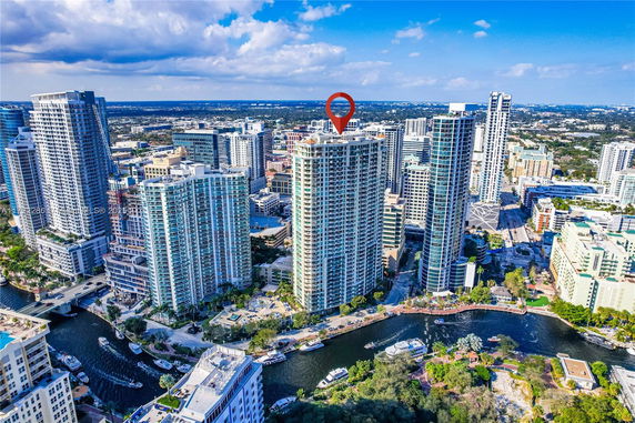 Panoramic view of a cityscape with tall buildings and a river running through.